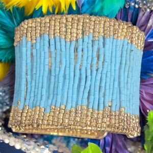 So Good Ladies Blue and Gold Seed Beaded Cuff Bracelet